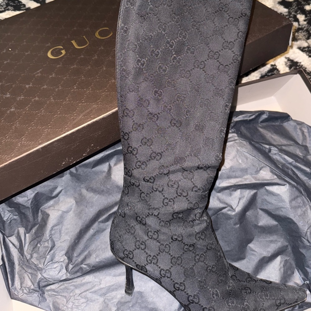 Gucci Black Monogram knee high heel boots